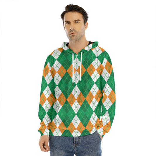 Green Orange And White Argyle Print Men's Velvet Pullover Hoodie