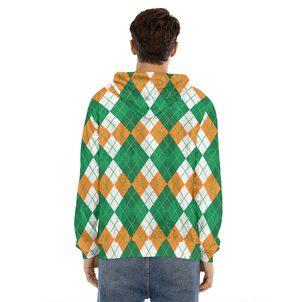 Green Orange And White Argyle Print Men's Velvet Pullover Hoodie