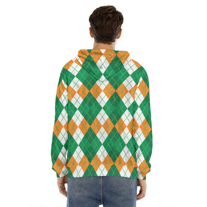 Green Orange And White Argyle Print Men's Velvet Pullover Hoodie