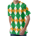 Green Orange And White Argyle Print Men's Velvet T-Shirt