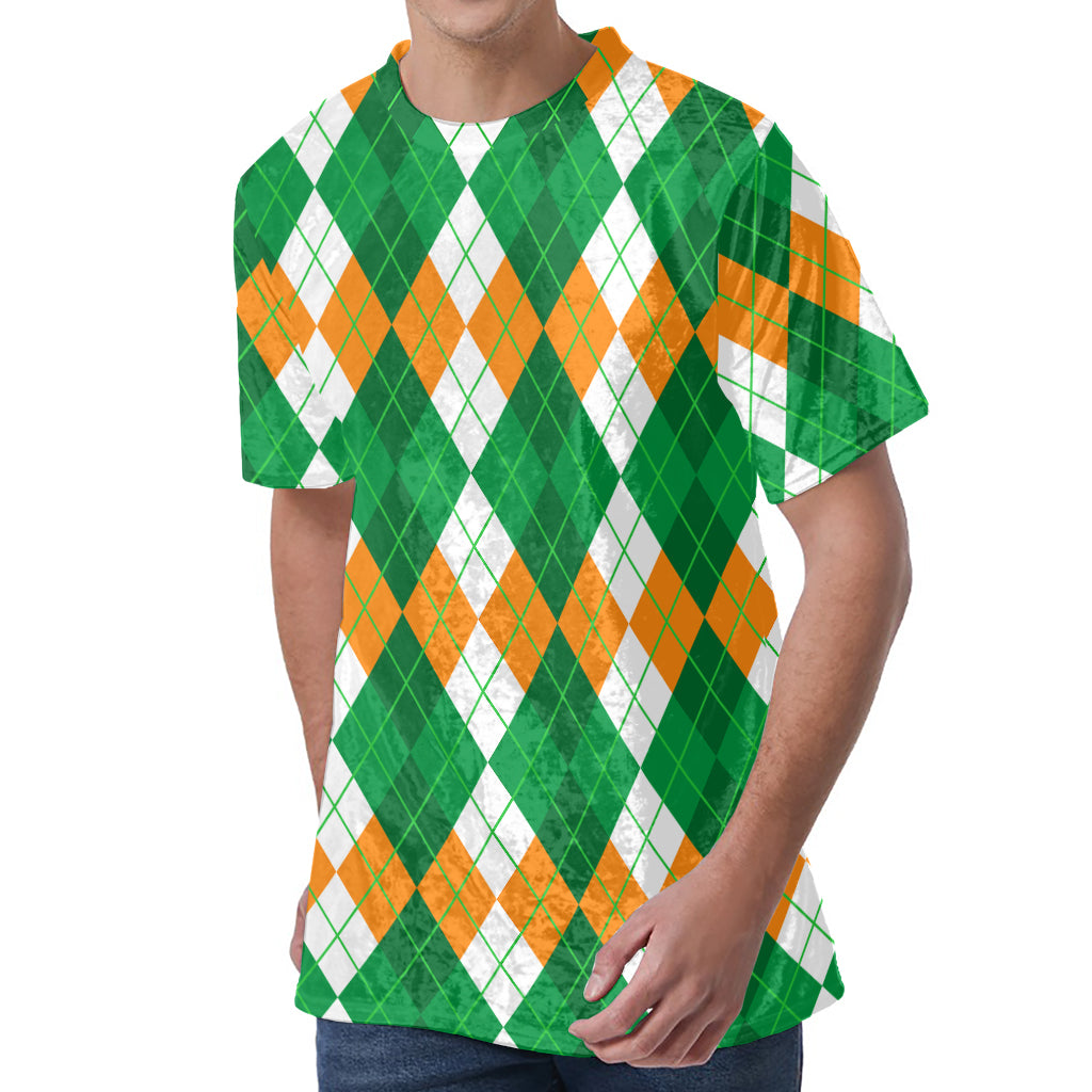 Green Orange And White Argyle Print Men's Velvet T-Shirt