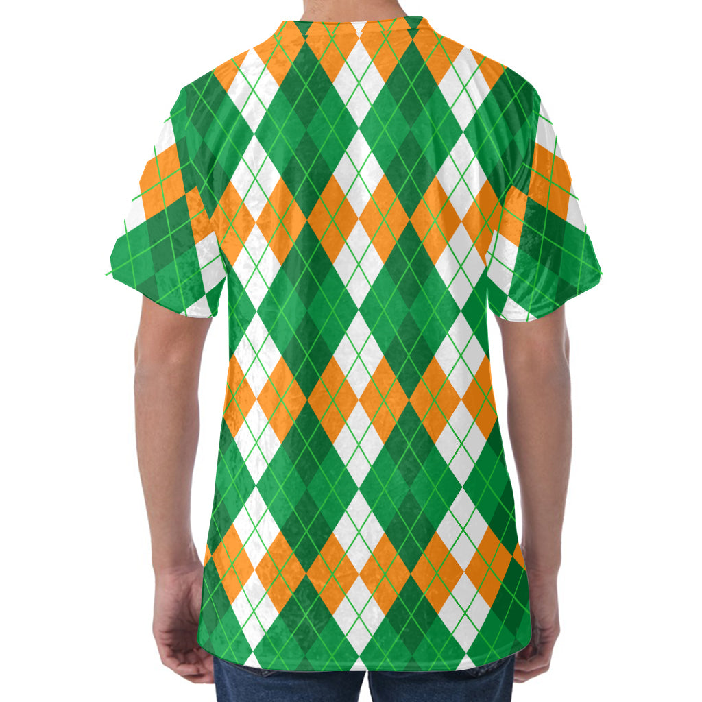 Green Orange And White Argyle Print Men's Velvet T-Shirt