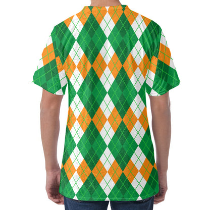Green Orange And White Argyle Print Men's Velvet T-Shirt