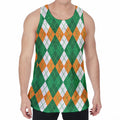 Green Orange And White Argyle Print Men's Velvet Tank Top