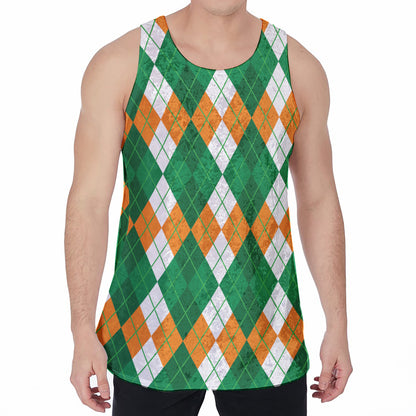 Green Orange And White Argyle Print Men's Velvet Tank Top