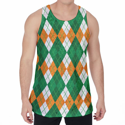 Green Orange And White Argyle Print Men's Velvet Tank Top