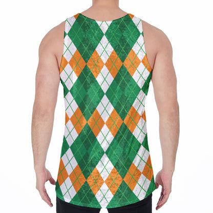 Green Orange And White Argyle Print Men's Velvet Tank Top