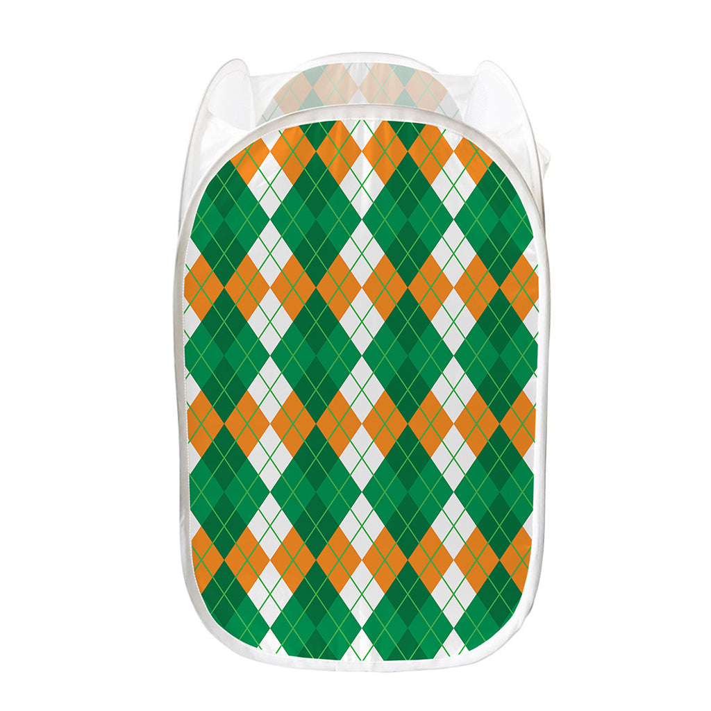 Green Orange And White Argyle Print Mesh Laundry Hamper