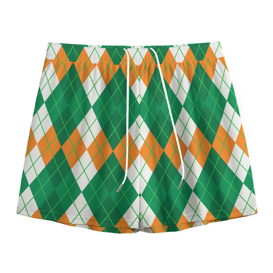 Green Orange And White Argyle Print Mesh Shorts