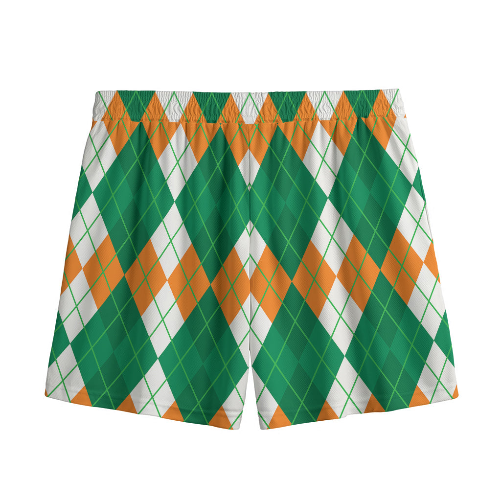 Green Orange And White Argyle Print Mesh Shorts