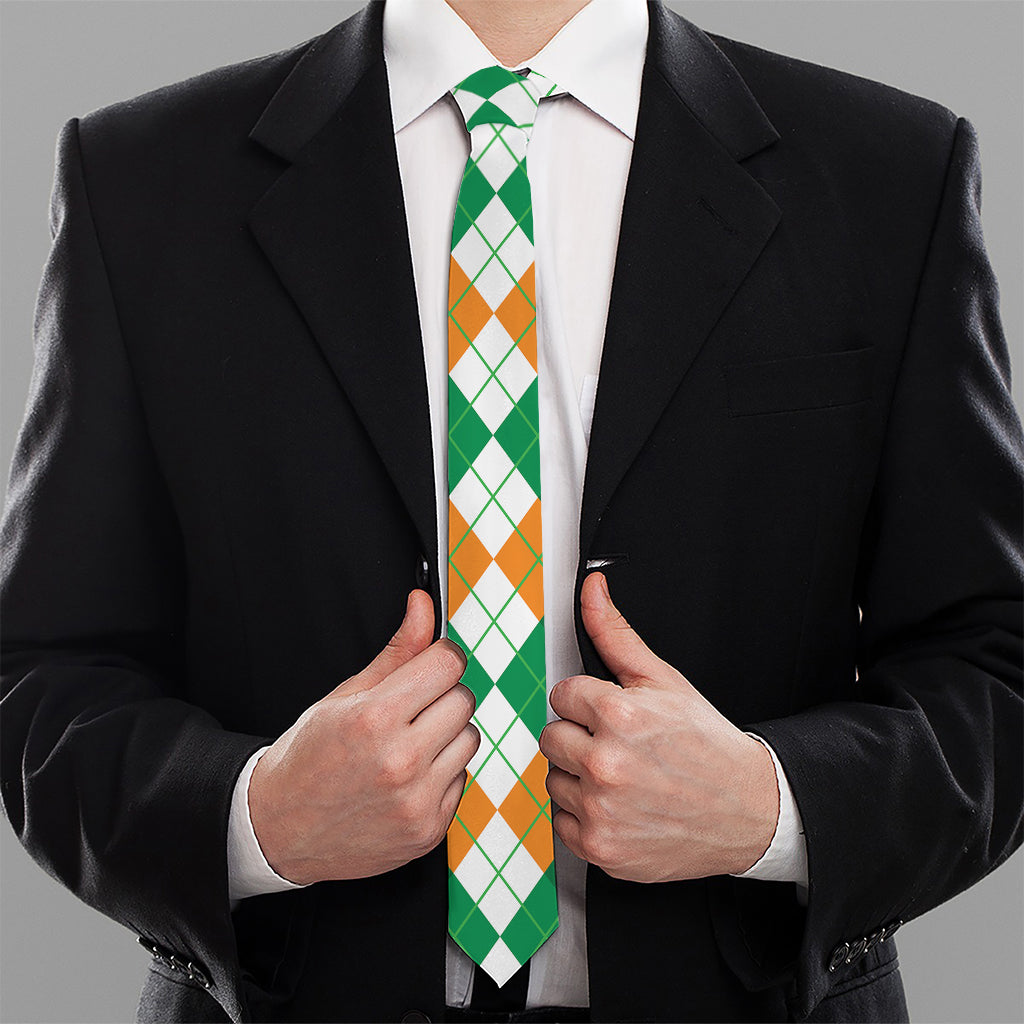 Green Orange And White Argyle Print Necktie