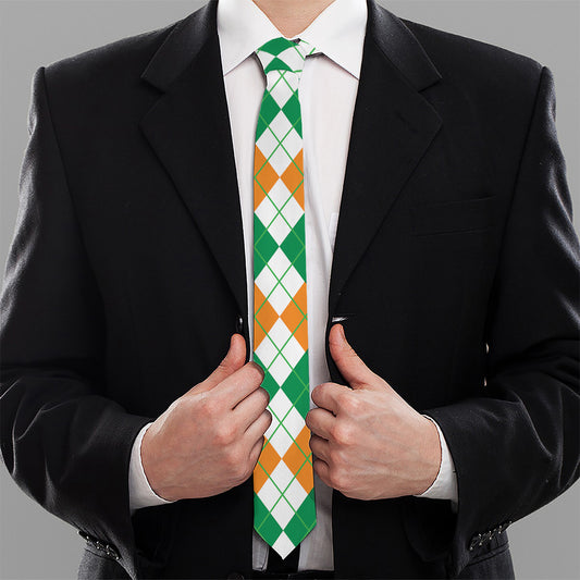 Green Orange And White Argyle Print Necktie