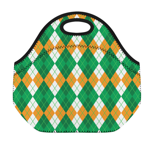 Green Orange And White Argyle Print Neoprene Lunch Bag