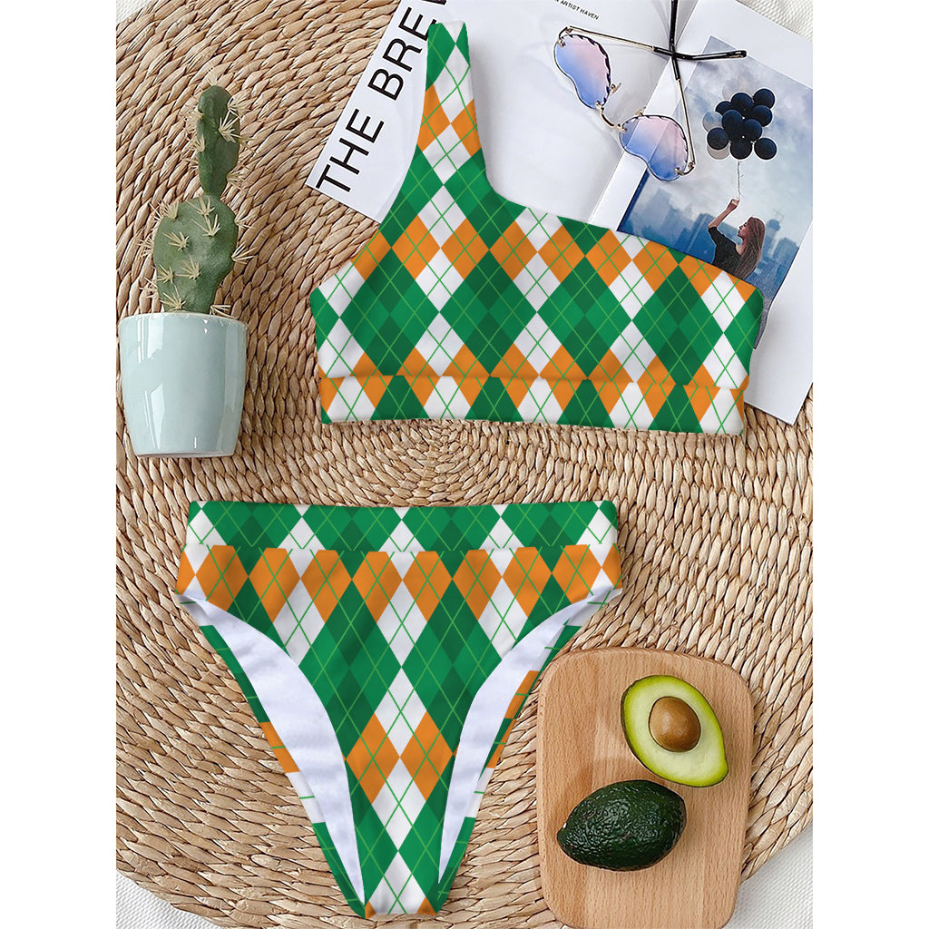Green Orange And White Argyle Print One Shoulder Bikini Top