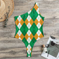 Green Orange And White Argyle Print One Shoulder Bodysuit