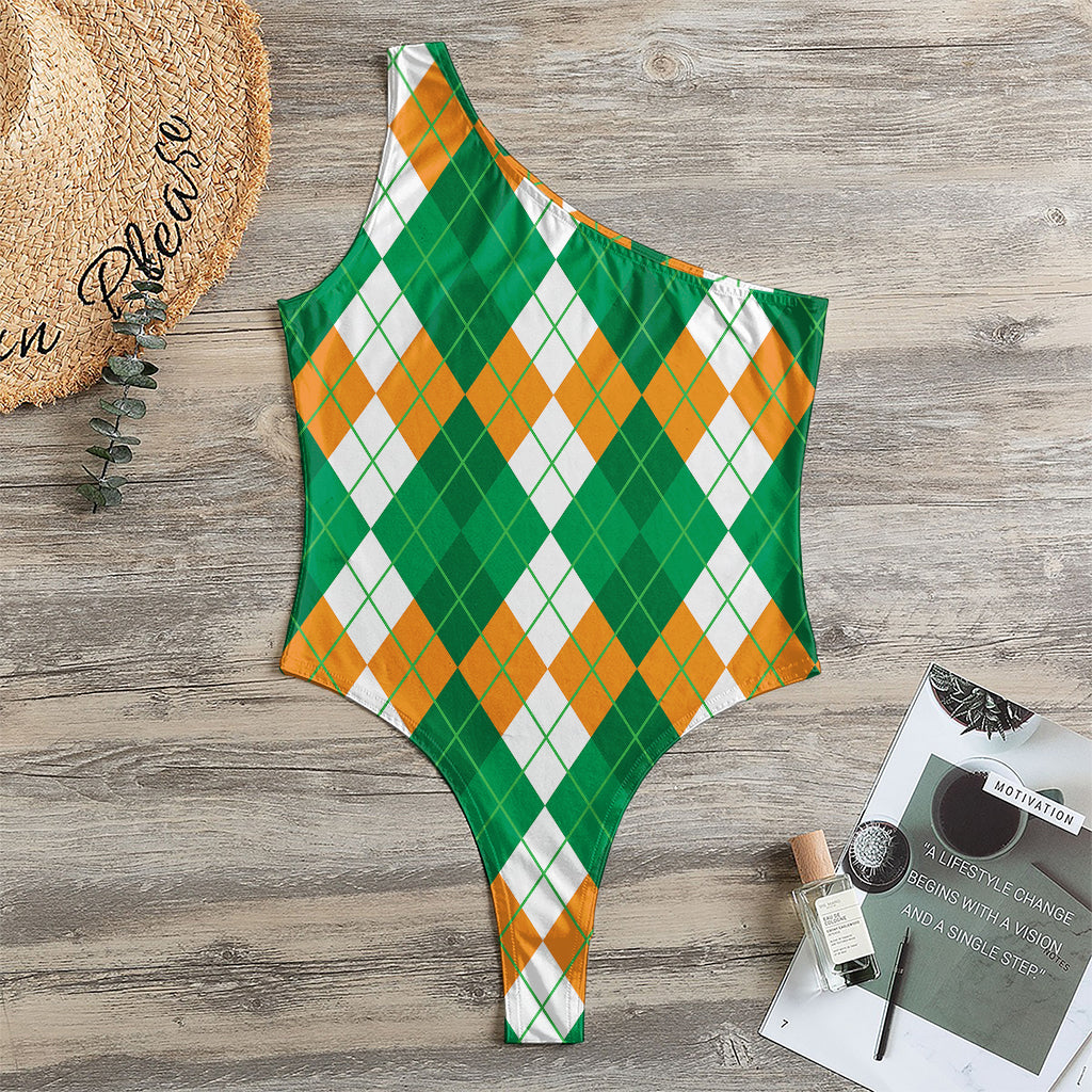 Green Orange And White Argyle Print One Shoulder Bodysuit