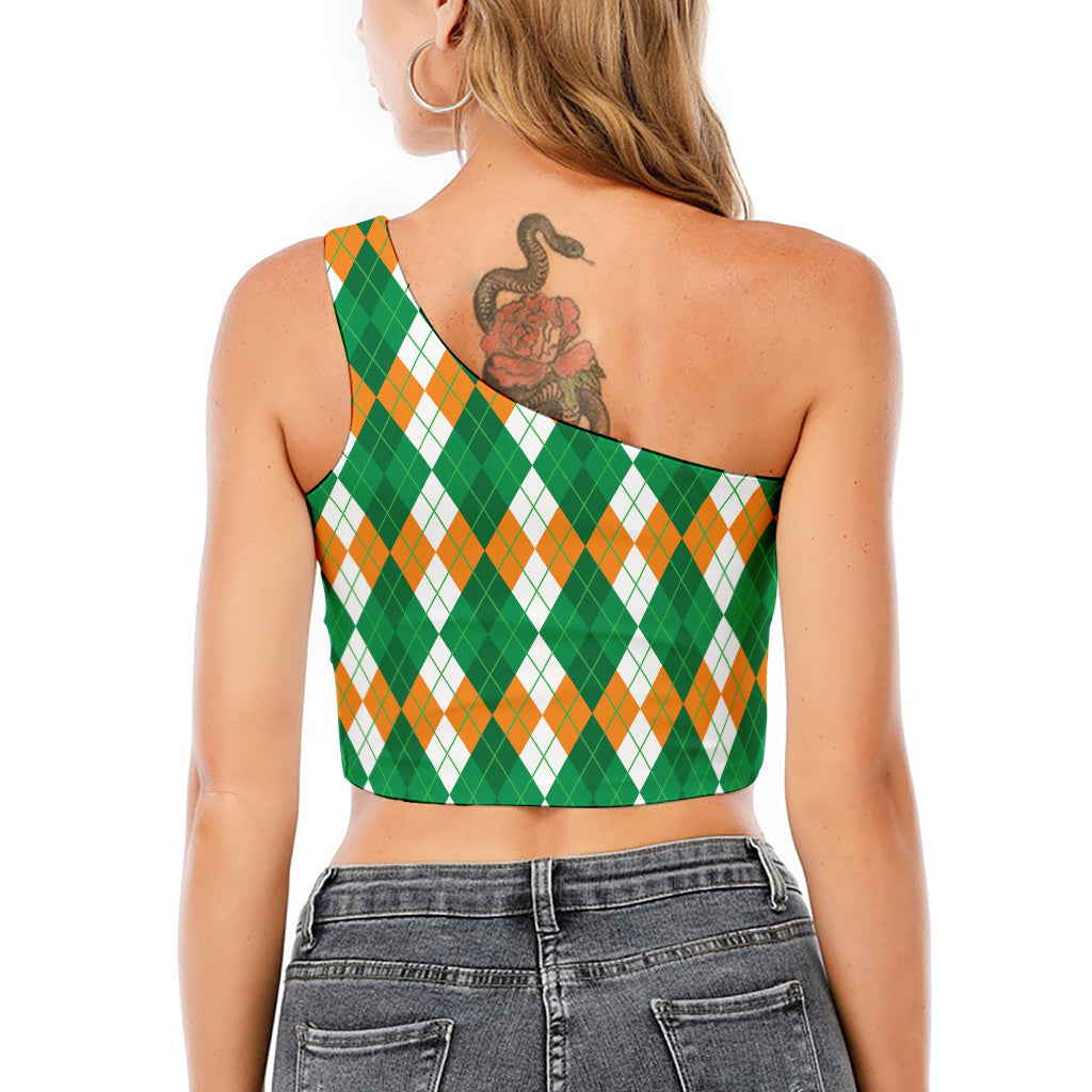 Green Orange And White Argyle Print One Shoulder Crop Top