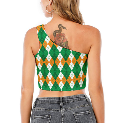 Green Orange And White Argyle Print One Shoulder Crop Top
