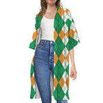Green Orange And White Argyle Print Open Front Beach Cover Up