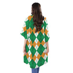 Green Orange And White Argyle Print Open Front Beach Cover Up