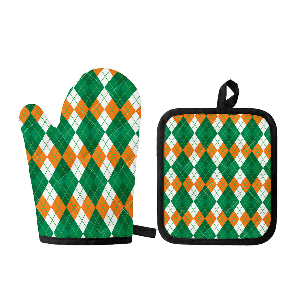 Green Orange And White Argyle Print Oven Mitt And Pot Holder Set