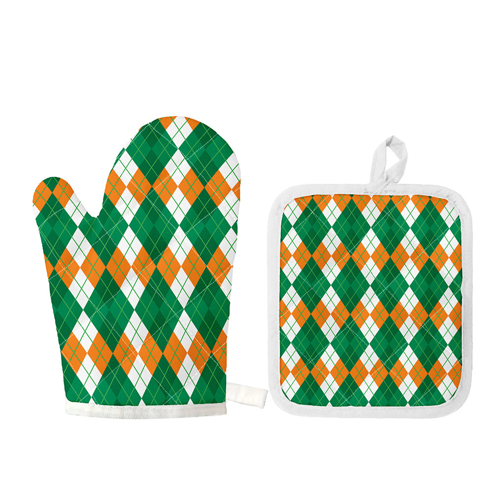 Green Orange And White Argyle Print Oven Mitt And Pot Holder Set