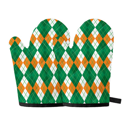 Green Orange And White Argyle Print Oven Mitts