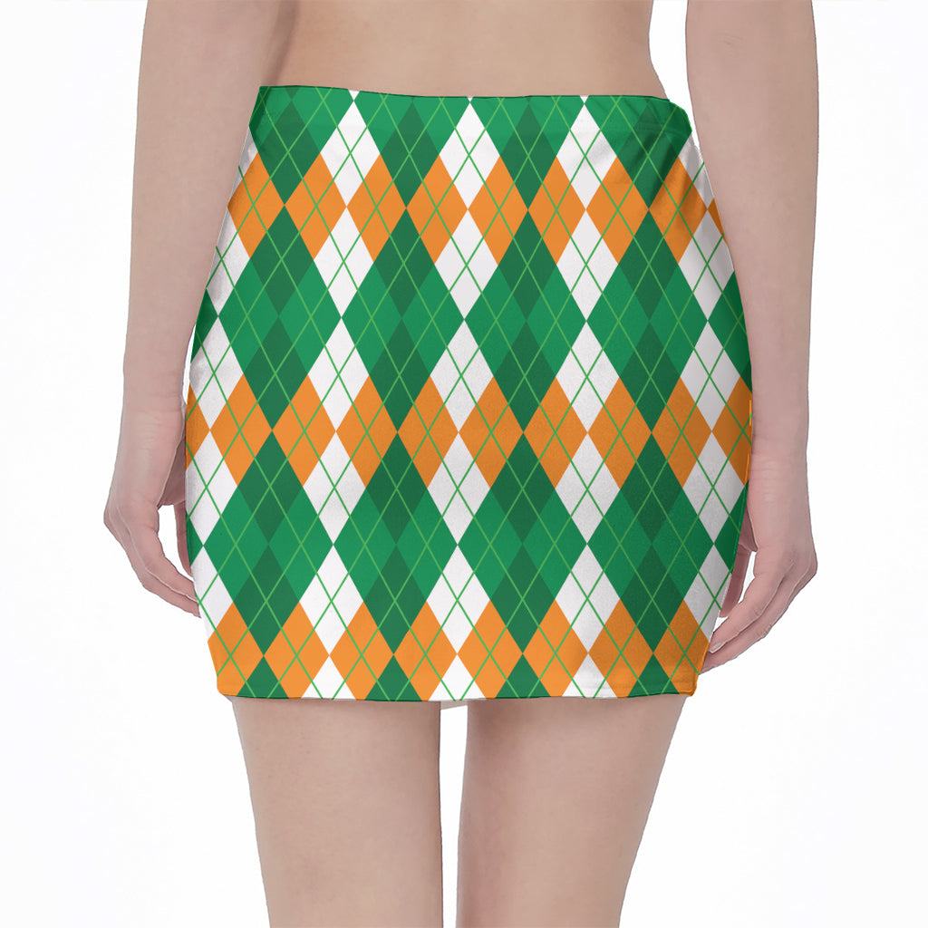 Green Orange And White Argyle Print Pencil Mini Skirt