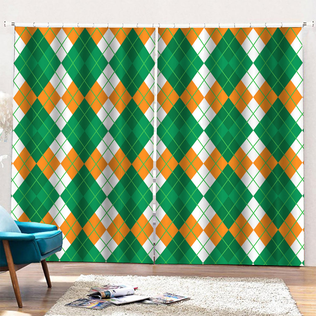 Green Orange And White Argyle Print Pencil Pleat Curtains