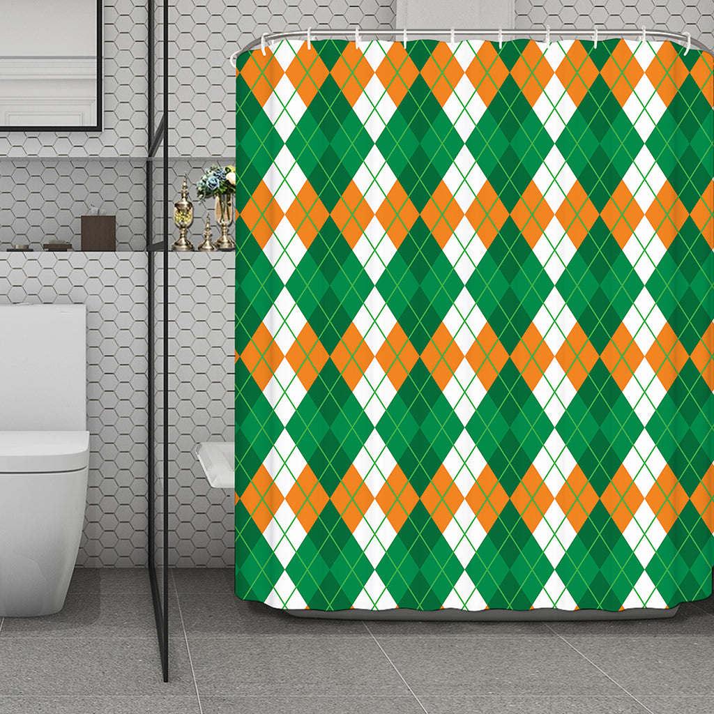 Green Orange And White Argyle Print Polyester Shower Curtain