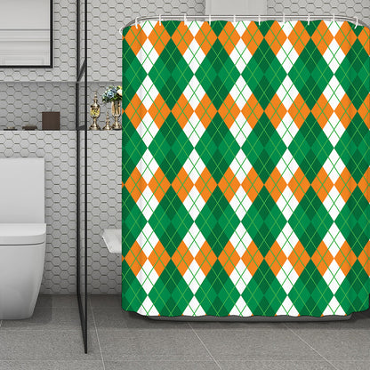 Green Orange And White Argyle Print Polyester Shower Curtain