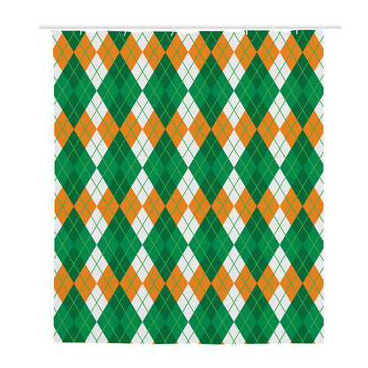 Green Orange And White Argyle Print Polyester Shower Curtain
