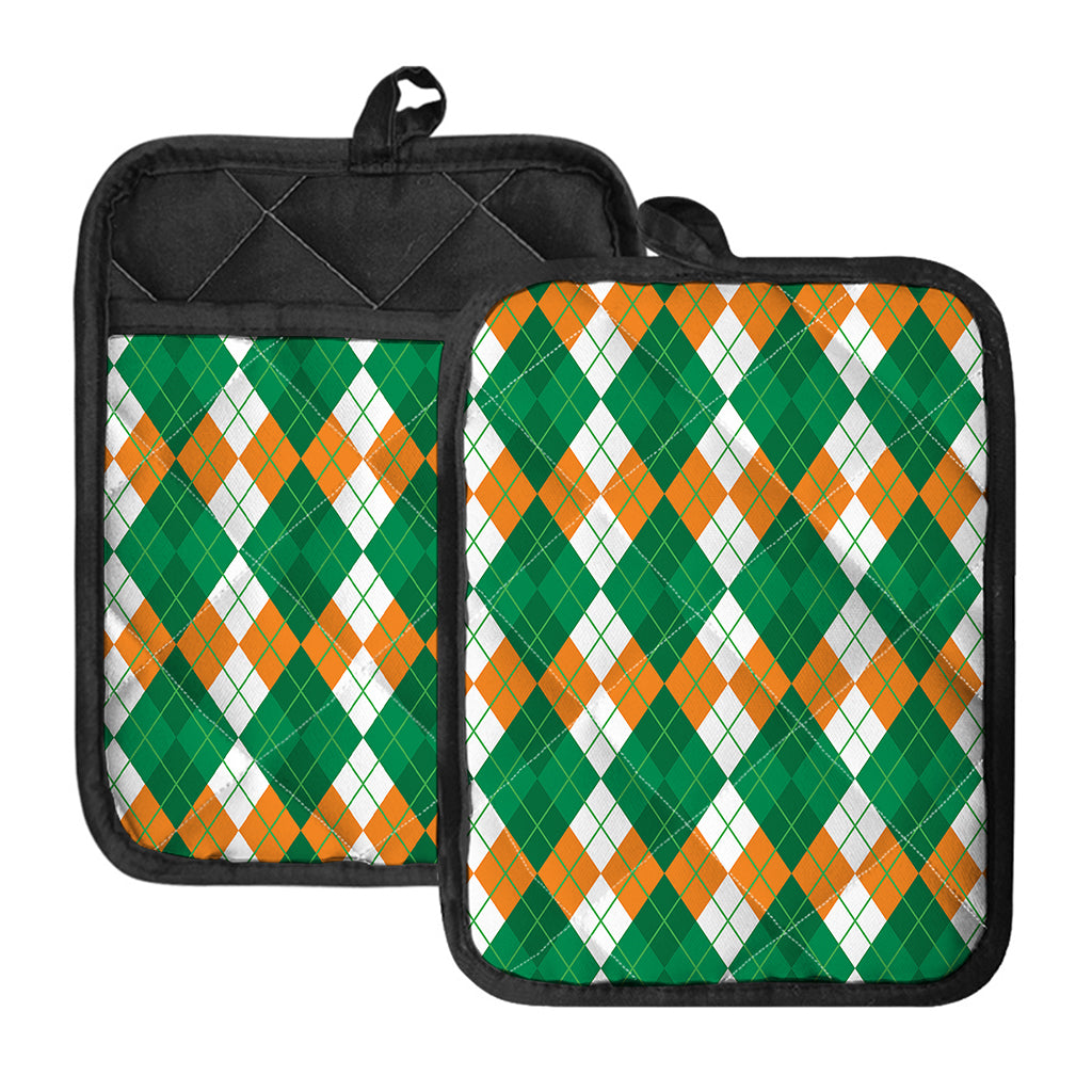 Green Orange And White Argyle Print Pot Holders With Pocket