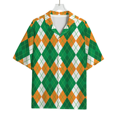 Green Orange And White Argyle Print Rayon Hawaiian Shirt