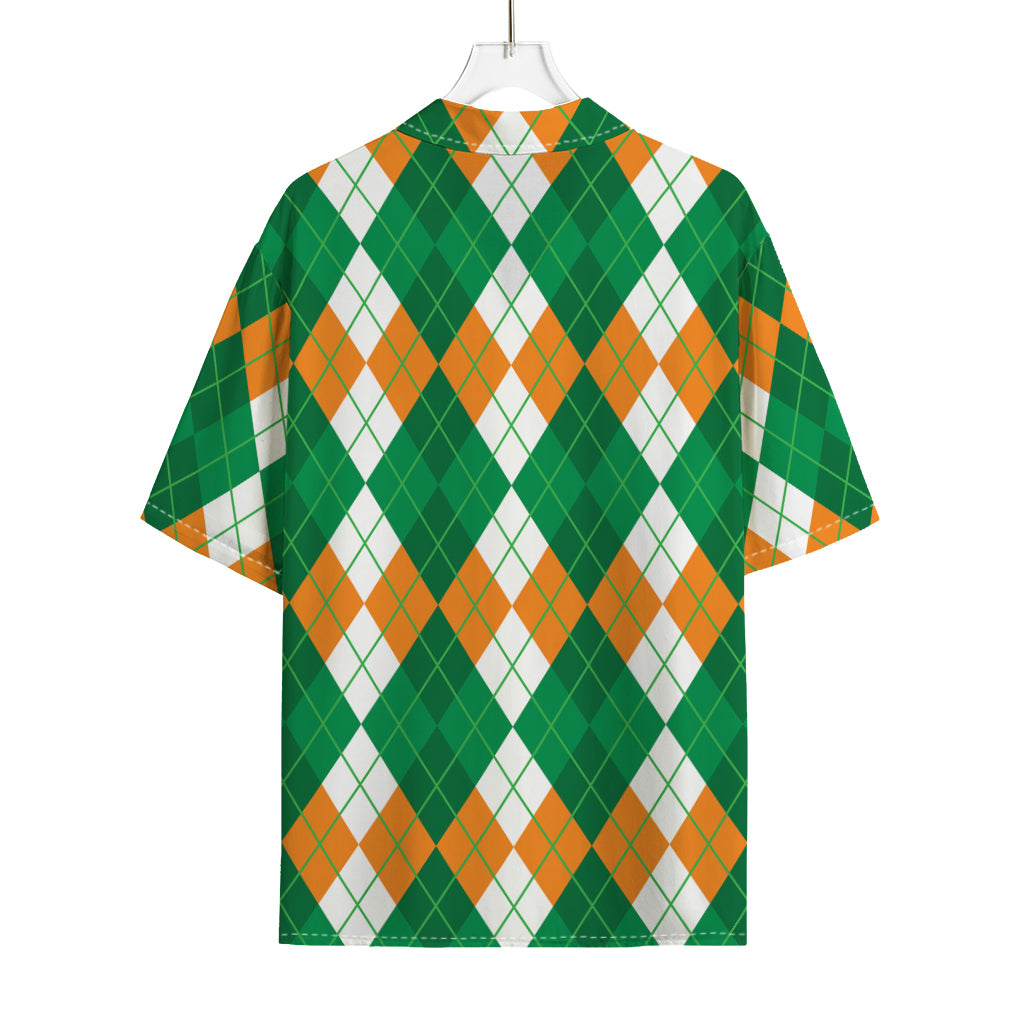 Green Orange And White Argyle Print Rayon Hawaiian Shirt
