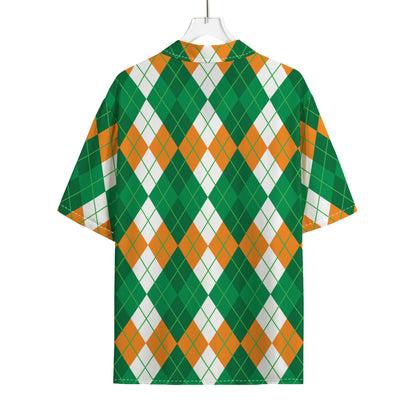 Green Orange And White Argyle Print Rayon Hawaiian Shirt