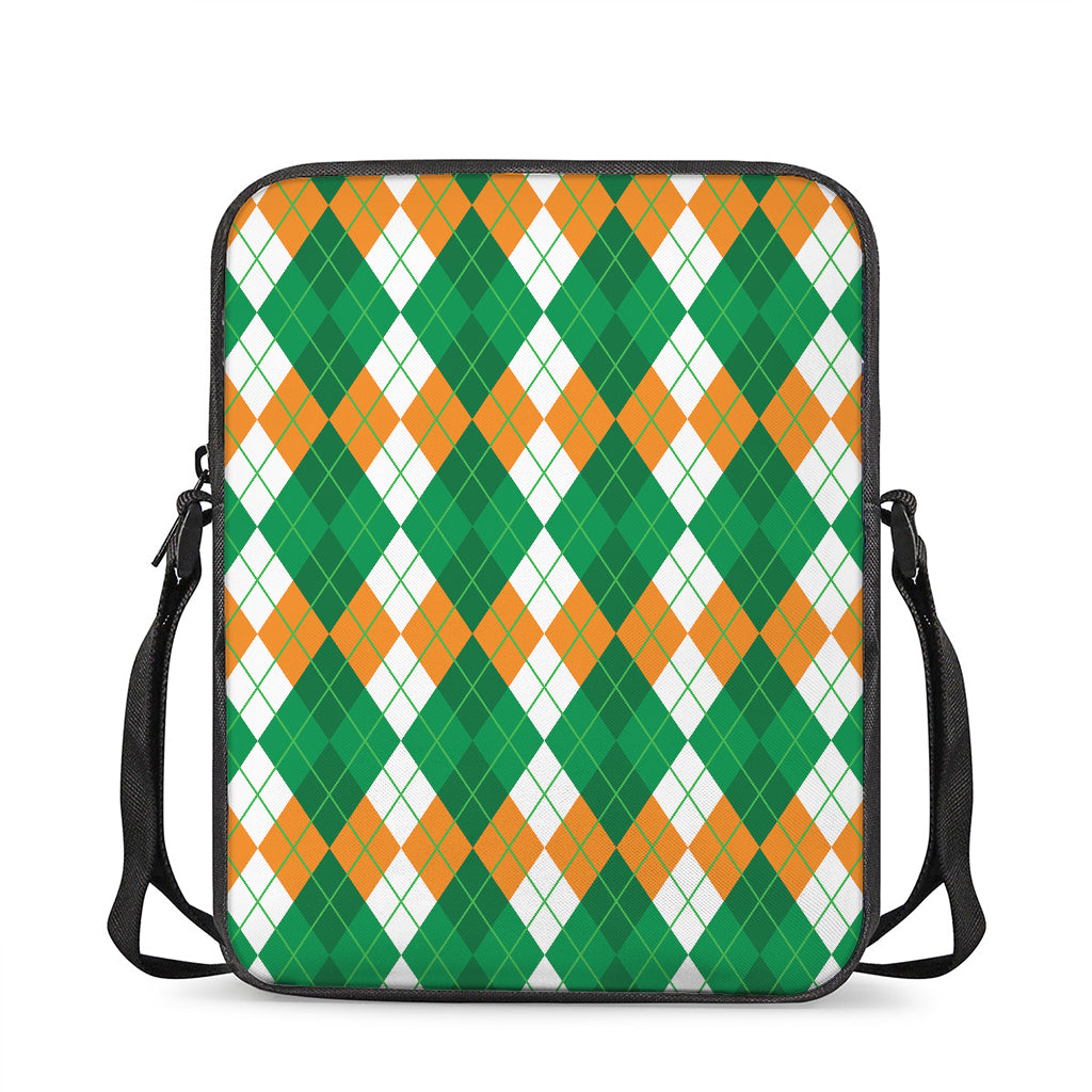 Green Orange And White Argyle Print Rectangular Crossbody Bag