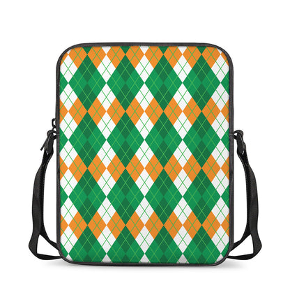 Green Orange And White Argyle Print Rectangular Crossbody Bag