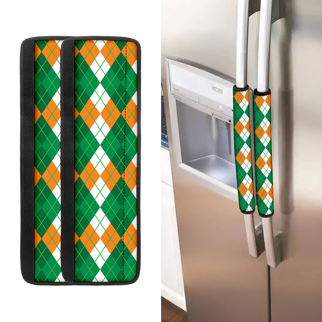 Green Orange And White Argyle Print Refrigerator Handle Covers