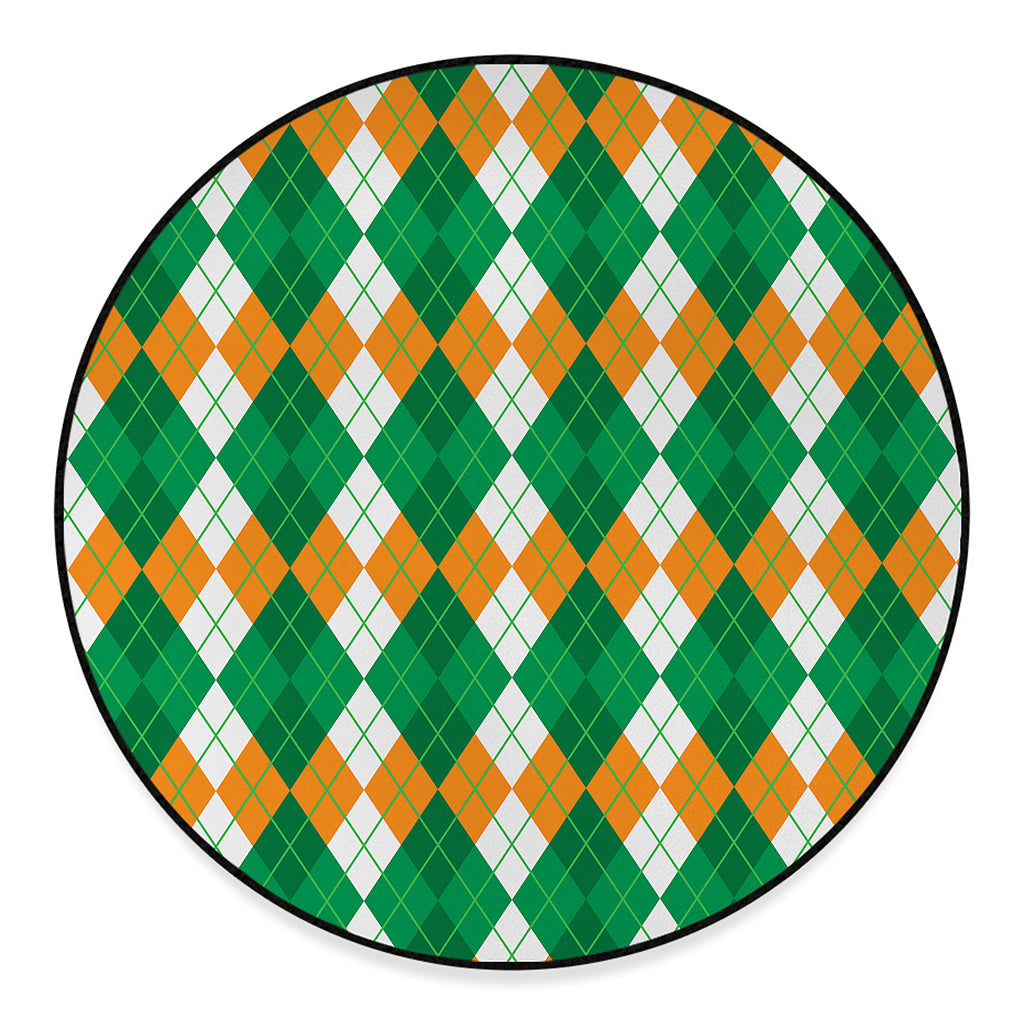 Green Orange And White Argyle Print Round Floor Mat