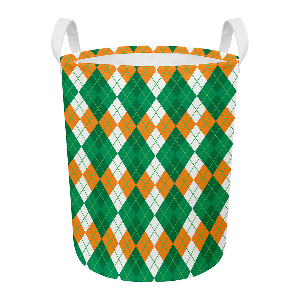 Green Orange And White Argyle Print Round Laundry Basket