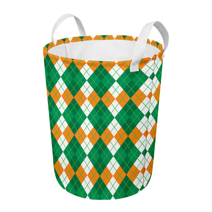 Green Orange And White Argyle Print Round Laundry Basket