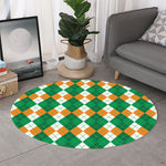 Green Orange And White Argyle Print Round Rug