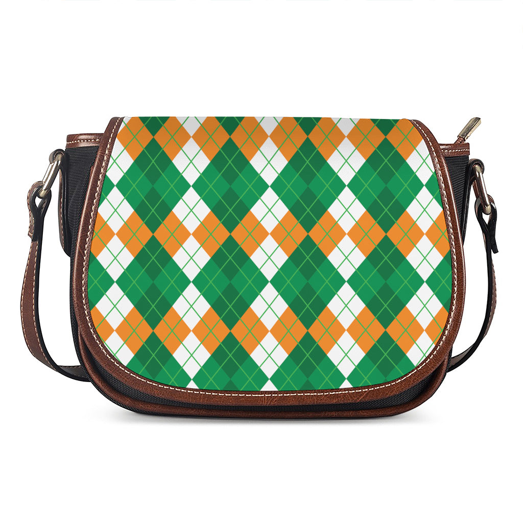 Green Orange And White Argyle Print Saddle Bag
