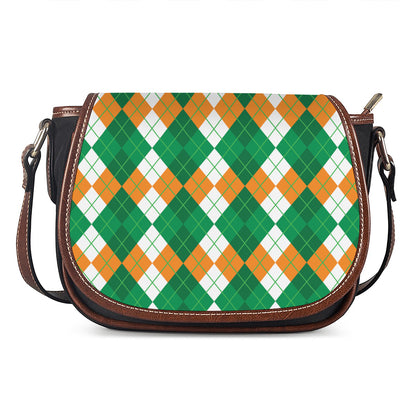 Green Orange And White Argyle Print Saddle Bag