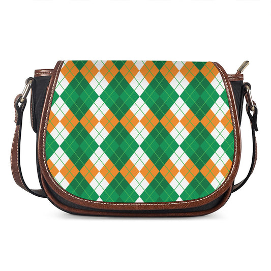 Green Orange And White Argyle Print Saddle Bag