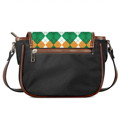 Green Orange And White Argyle Print Saddle Bag