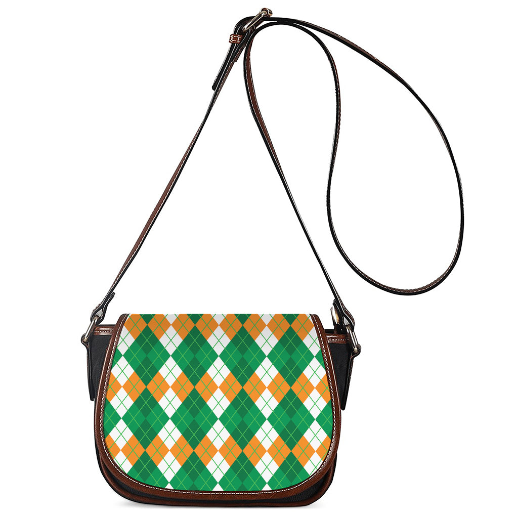 Green Orange And White Argyle Print Saddle Bag