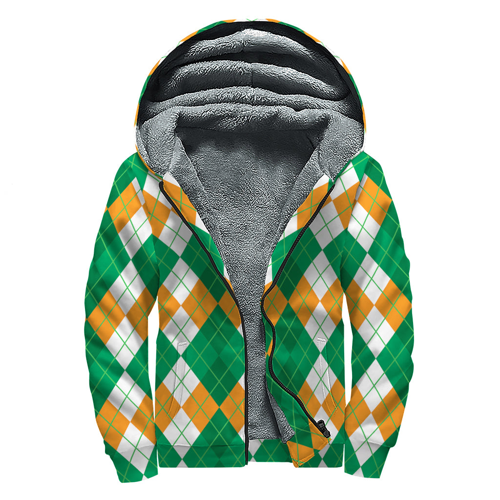 Green Orange And White Argyle Print Sherpa Lined Zip Up Hoodie