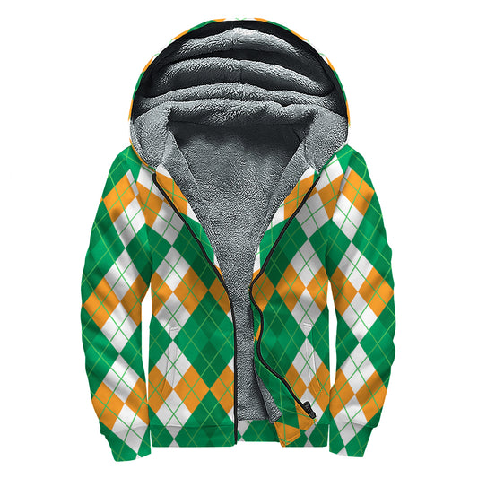 Green Orange And White Argyle Print Sherpa Lined Zip Up Hoodie
